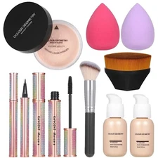 Liquid Foundation Powder Mascara Eyeliner Makeup Brushes Sponges Makeup Set 9 Pc