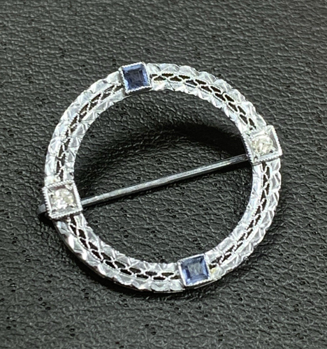 Antike Art Deco BELAIS 18k Weißgold Edelstein filigran Kreis Anstecknadel Brosche 2,25g