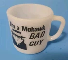 Vintage Anchor Hocking I'm A Mohawk Bad Guy White Milk Glass Coffee Mug Cup