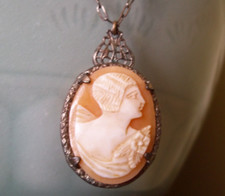 vintage shell CAMEO art deco sterling necklace pendant 20s flapper hair jewelry