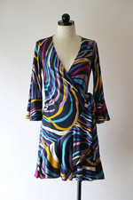 Diane Von Furstenberg Rainbow Stripe Jersey Long Bell Sleeve Wrap Dress Women 6