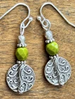 Etched Silver and Green Picasso Bead Dangle Earrings.