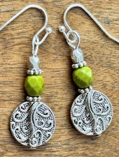 Etched Silver and Green Picasso Bead Dangle Earrings.