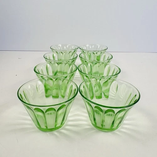 Vintage 1930s Set Of 8 Hazel Atlas Green Depression Glass Uranium Custard Cups