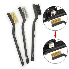 Image of 3 PIECE SMALL WIRE BRUSH SET BRUSHES STEEL BRASS NYLON METAL RUST PAINT REMOVER