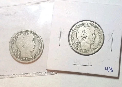 Lot of 2 U.S. Quarters 90% Silver 1892 P 1914 P Barber Lot  #32
