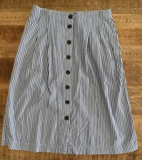 Talbots Petite 10P Blue White Stripe Button Front Pleated Midi Skirt Pockets