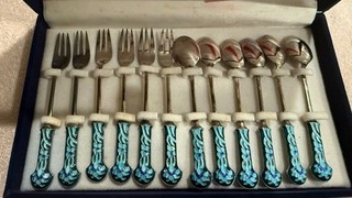 Vintage Korean 99% Silver Cloisonne enamel Flatware Set 12 Pc Spoon & Fork