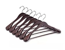 Wide Shoulder Wooden Suit Coat Hangers with Non Slip Pants Bar, 6 Pack Walnut