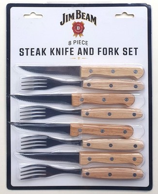 JIM BEAM Steak Messer und Gabel Set 8-tlg. Edelstahl mit Holzgriff NEU in OVP!