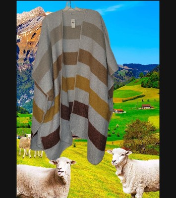 Aerie Striped Oversized Poncho Ruana Knit Shawl One Size Gray Brown Yellow Boho 