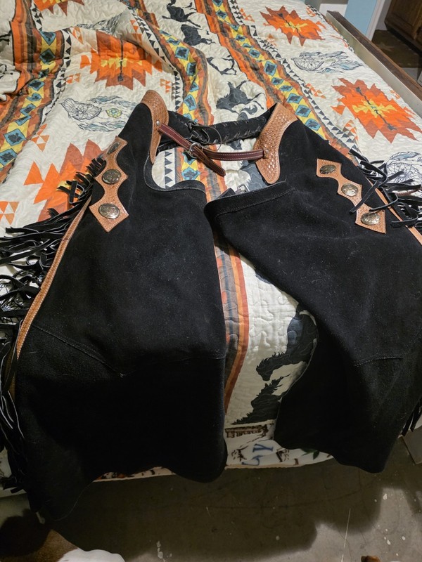 Western Black Suede Leather Chaps With Fringe Straight Leg Size Large