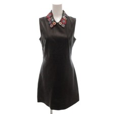 Red VALENTINO leather dress collar flower design sheepskin knee length Used 7008