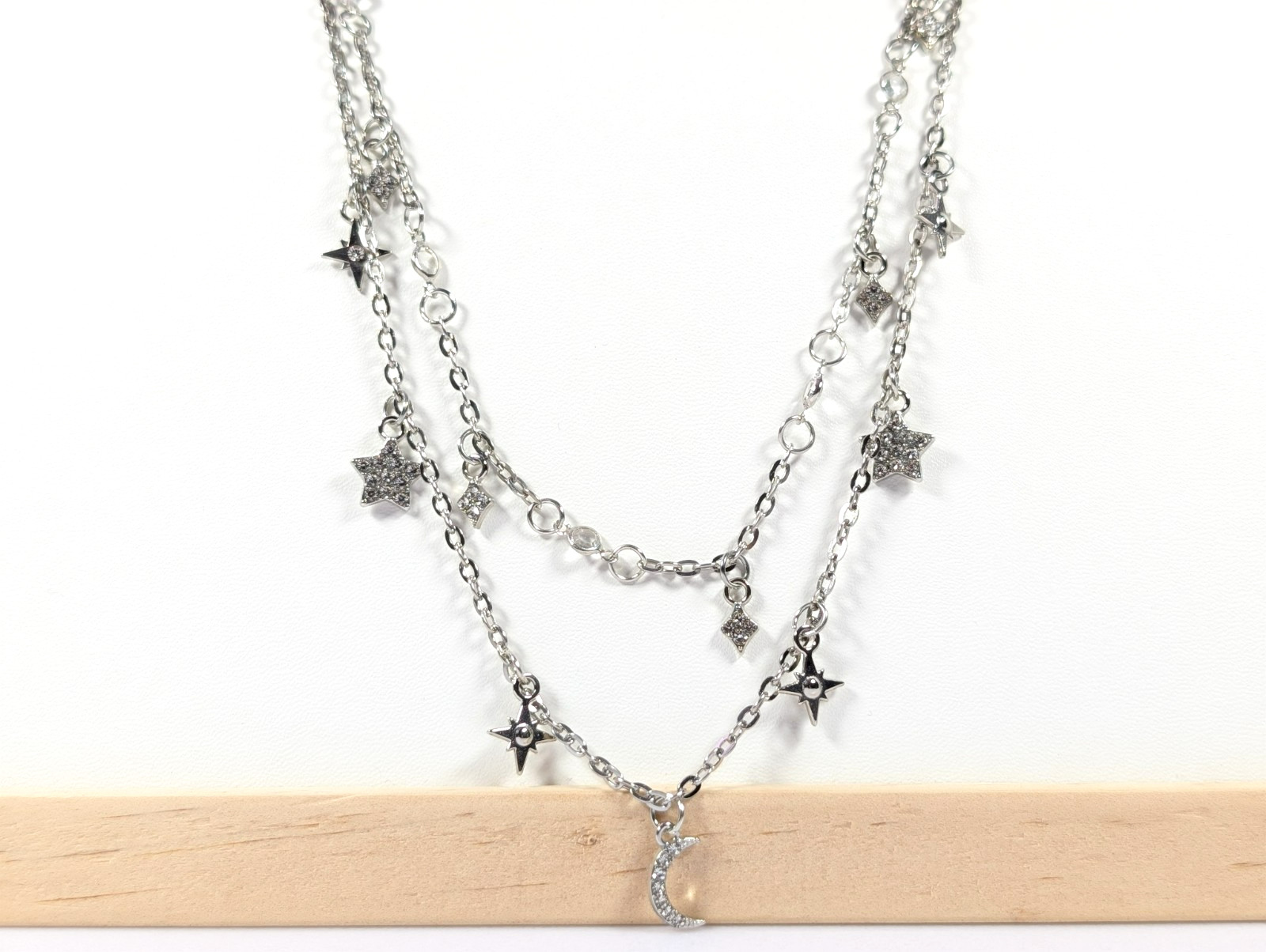 Layered Celestial Silver Two Strand Necklace Moon… - image 1