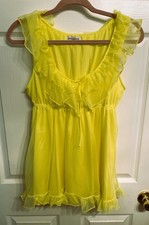 Vintage Chiffon Nylon Short Baby Doll Nightie Nightgown YELLOW w/ Ruffles LARGE