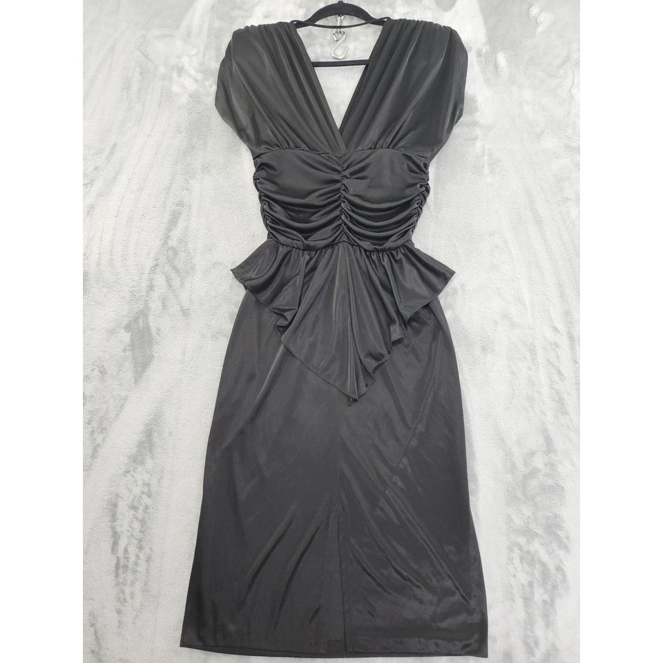 Vestido de festa vintage anos 80 gola V drapeado peplum tamanho 11 preto midi - Imagem 2 de 4