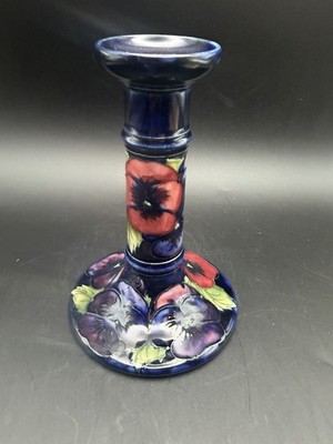 Moorcroft Pansy Pattern Pottery Candlestick 6.25  Made in England