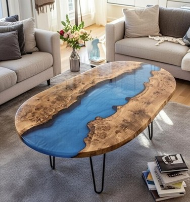 Blue Epoxy Resin Oval Dining Table with Wood   Modern Dining Room Decor