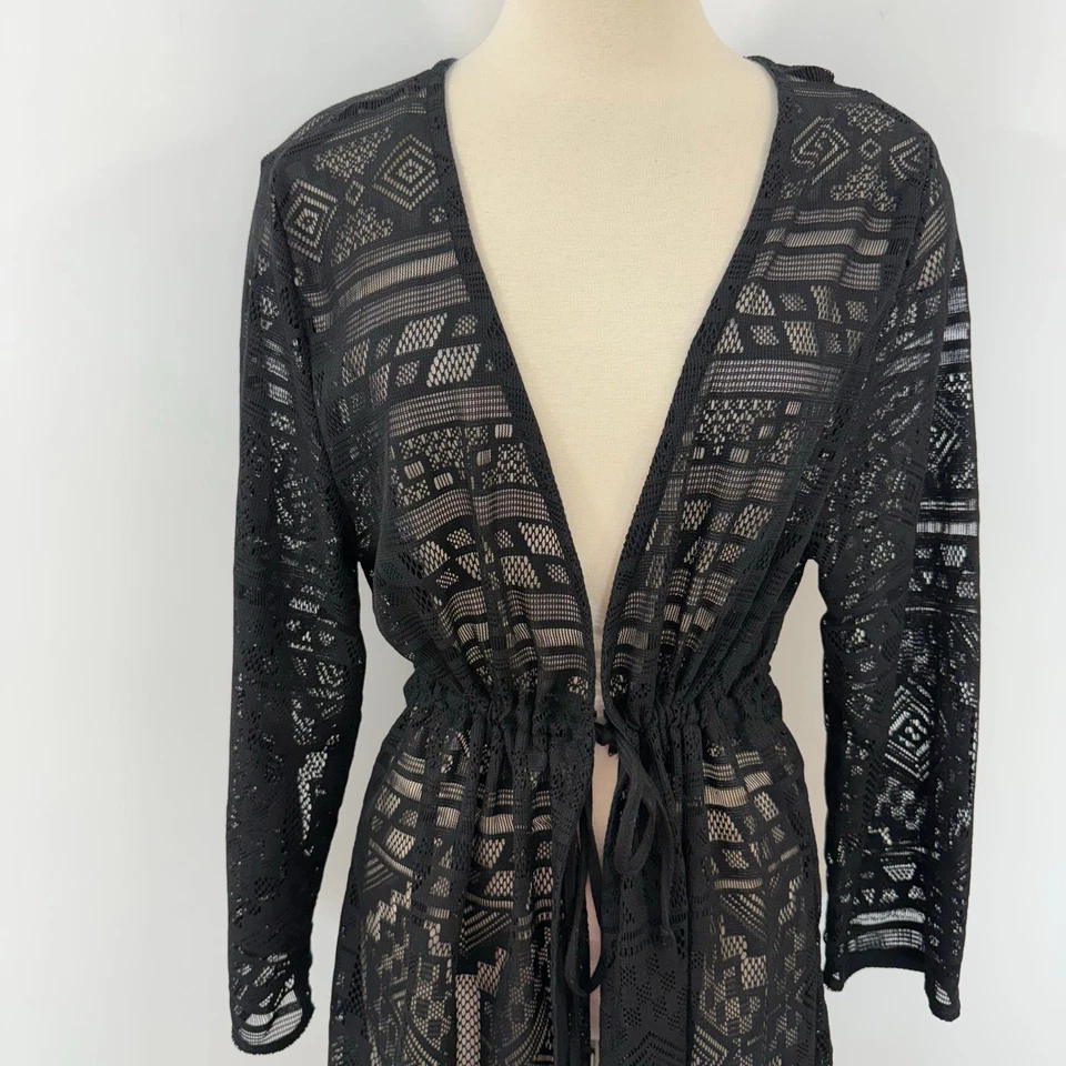 Кимоно Dotti с бахромой накидка черная сетка геометрический размер XL с длинным рукавом - Изображение 4 из 4