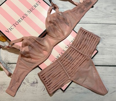 Victorias Secret Luxe Unlined Mesh Balconet Caged Strappy Bra Thong Set Pink