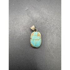 Vintage Silver Tone Egyptian Revival Hand Carved Stone Scarab Pendant Signed