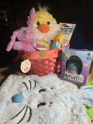 Basket Set Up With Stuffed Animals, Pez & Magic 8 Ball Egg