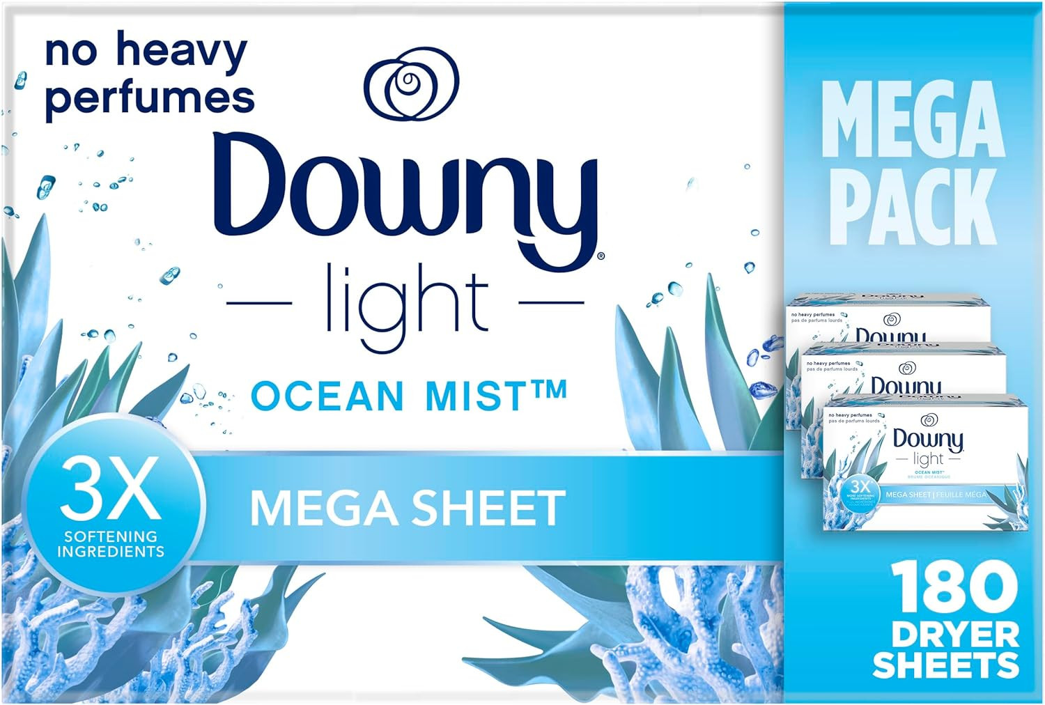 Light Mega Dryer Sheets, Fabric Softener Dryer Sheets, Ocean Mist, 180 Count