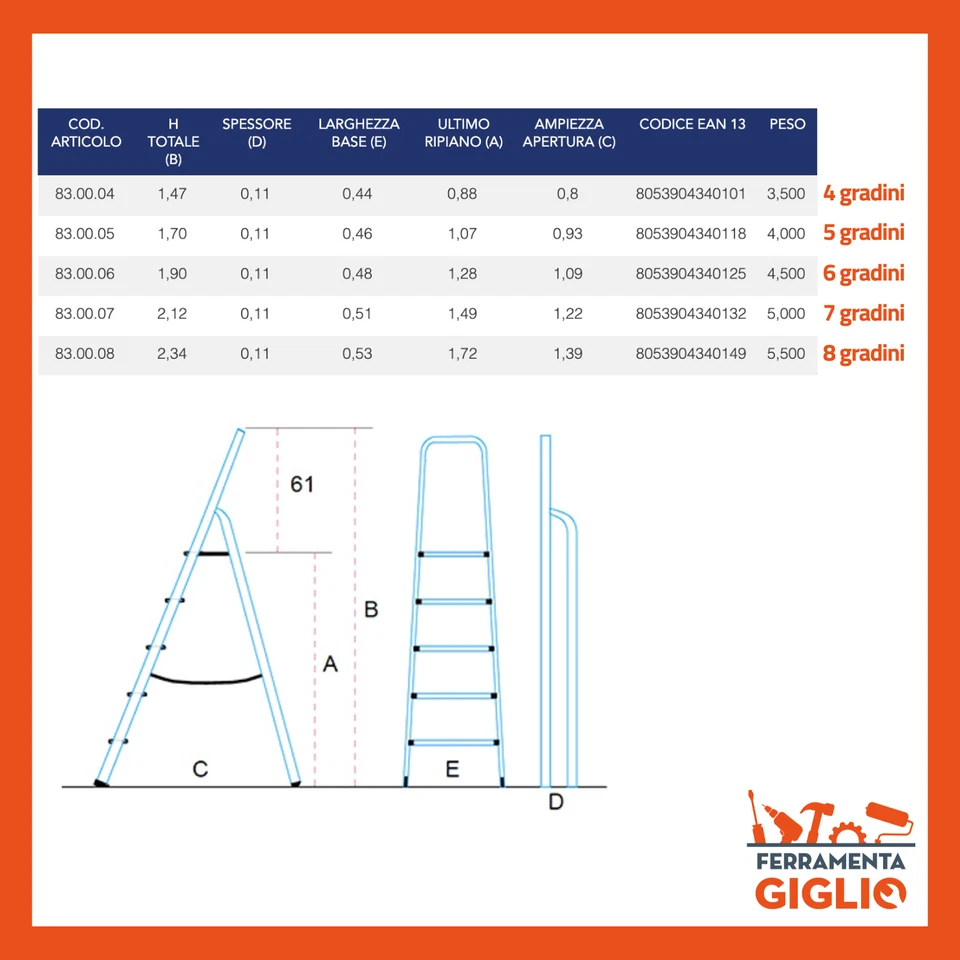 Scala in Alluminio 4 5 6 7 8 Gradini Pieghevole Scaletta Domestica Leggera - Immagine 3 di 4