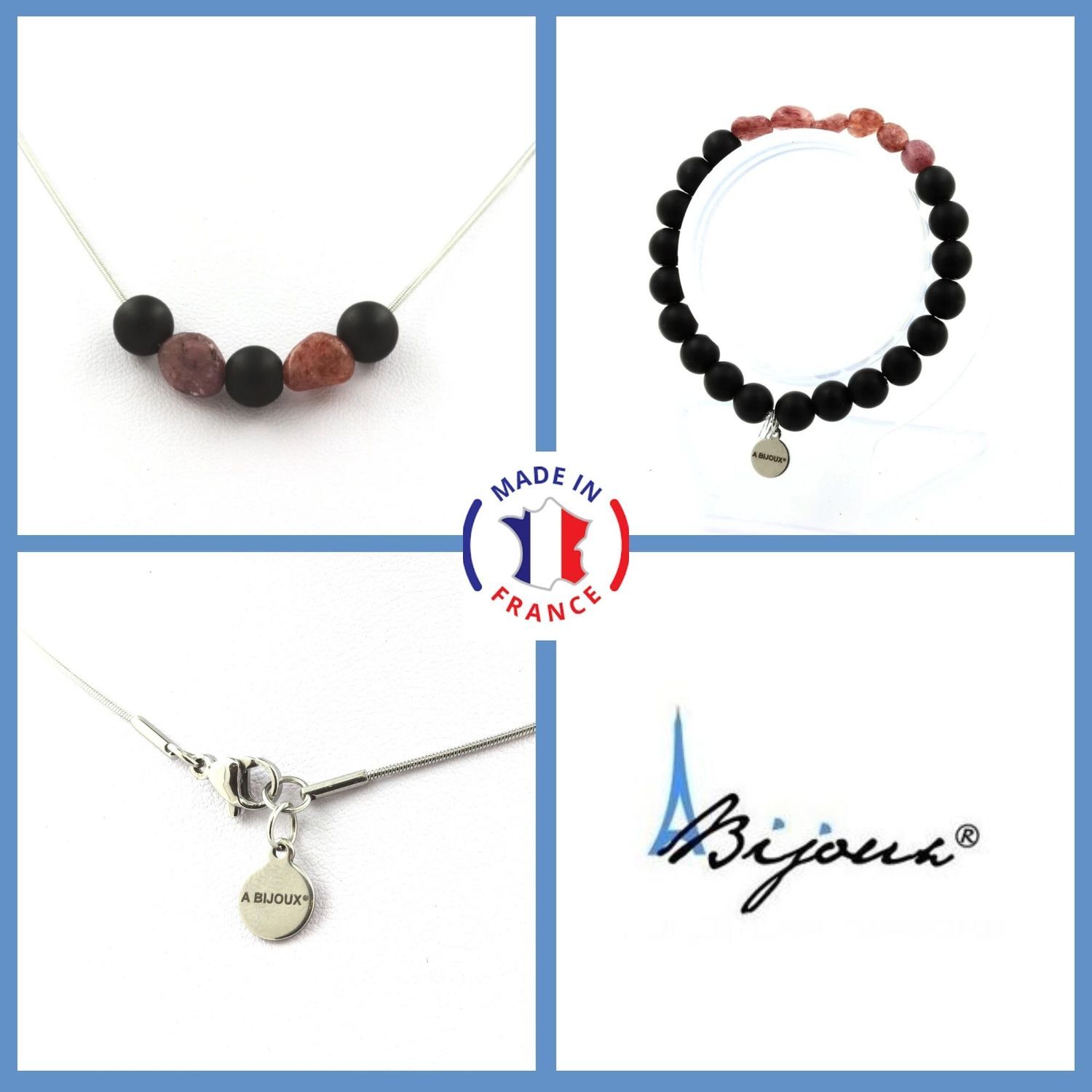 Parure bracelet et collier en onyx noir mat et rubis véritable de 8mm d'exception