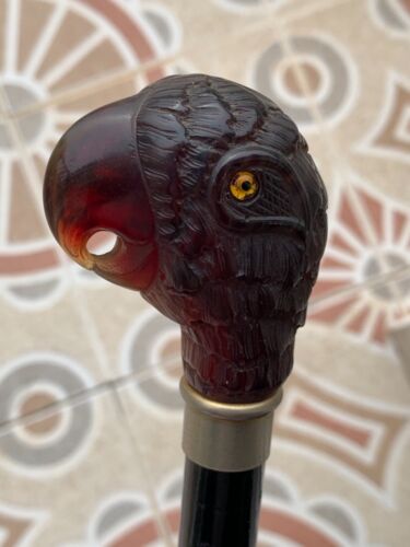 CARVED AMBER OF HIGH QUALITY ANTIQUE EXLUSIVE WALKING STICK "PARROT HEAD" RARE - Picture 3 of 9