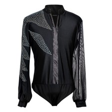 Men's Puff Long Sleeve Dance Costume Salsa Jazz Latin Shirt Glitter Sequin Tops