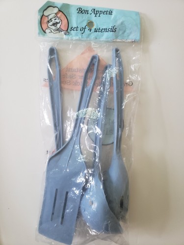 Vintage Blue Plastic Utensil set 4 pieces-Spatula, Spoons, pasta, ladle USA, NEW - Picture 16 of 18