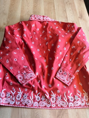 The Quacker Factory Beaded Red Bandana Western Paisley Collared Jacket XS - Picture 13 of 13