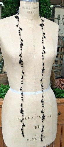 57" French Black Faceted Jet Bead Sterling Silver Lariat Necklace VTG - Picture 5 of 7