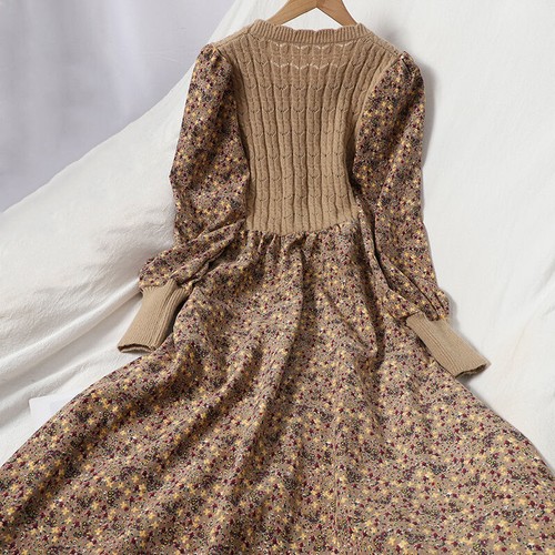 Lady Retro Japanese Dress Floral Corduroy Knitted Crew Neck with Belt Cute Dress - Picture 13 of 16