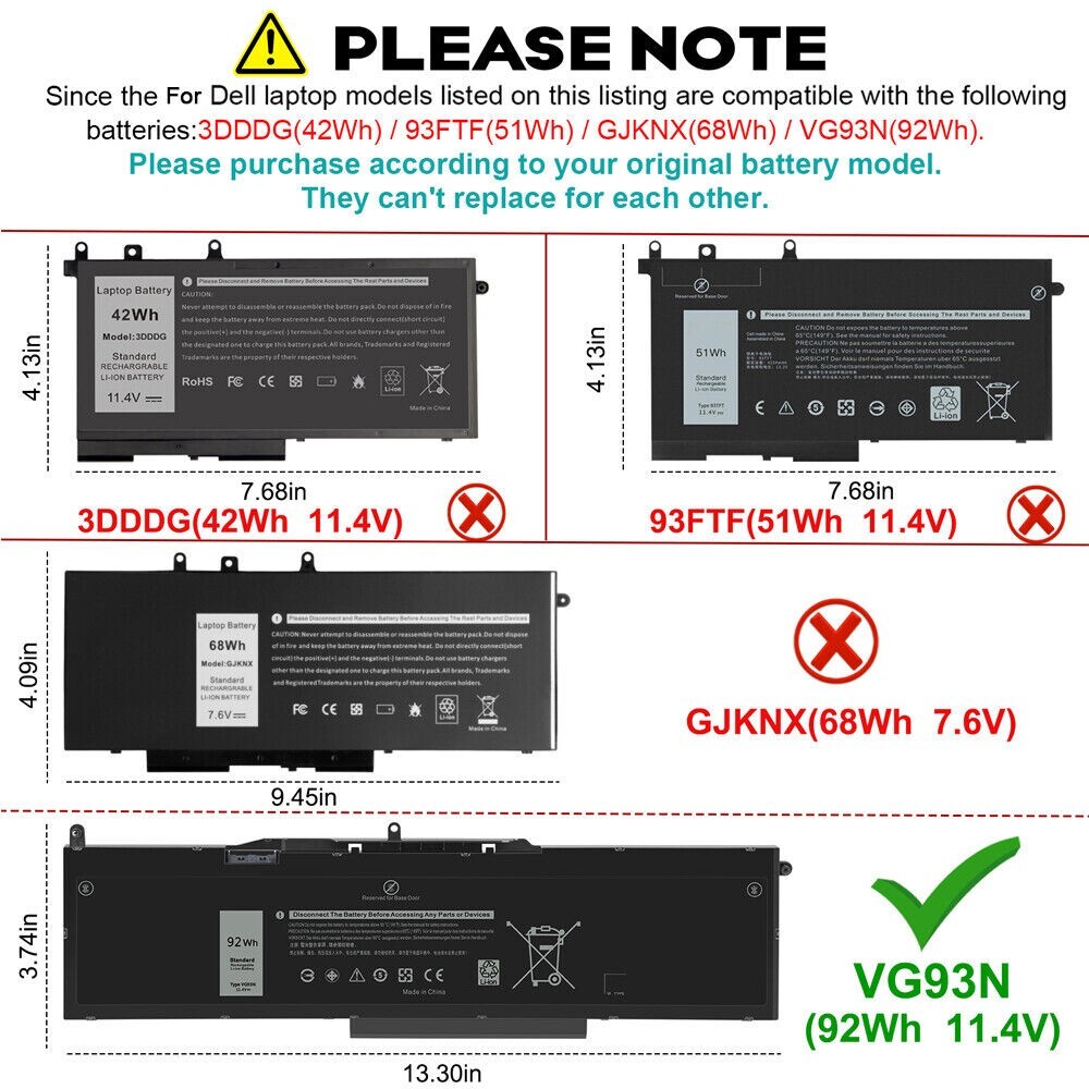 Precision 3520 Rtc Battery 92Wh Battery VG93N for Dell Latitude 5580 5591 Precision 3520 3530 ...