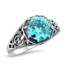 925 STERLING SILVER VINTAGE STYLE AQUAMARINE CZ FILIGREE SOLITAIRE RING  1178X