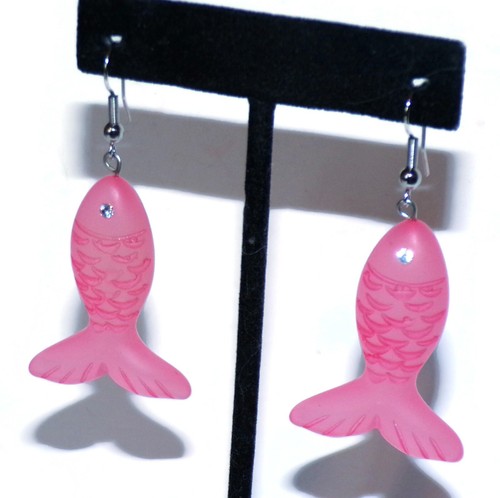 Sobral Rare Retired Pink Fish w Rhinestone Eye Artist Made Dangle Earrings - Picture 6 of 7