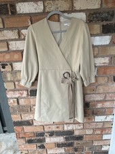 Tibi Size 2 Faux Wrap  Beige Mini Dress Side Tie Pockets Classic