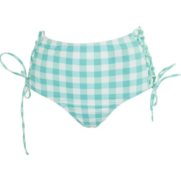 California Waves Juniors Aqua Check Please High-Waist Lace-Up Bikini Bottom L - Image 4 of 4