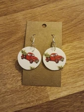 Womens Light Weight Faux Leather Dangle Earrings Holiday Red Truck Design