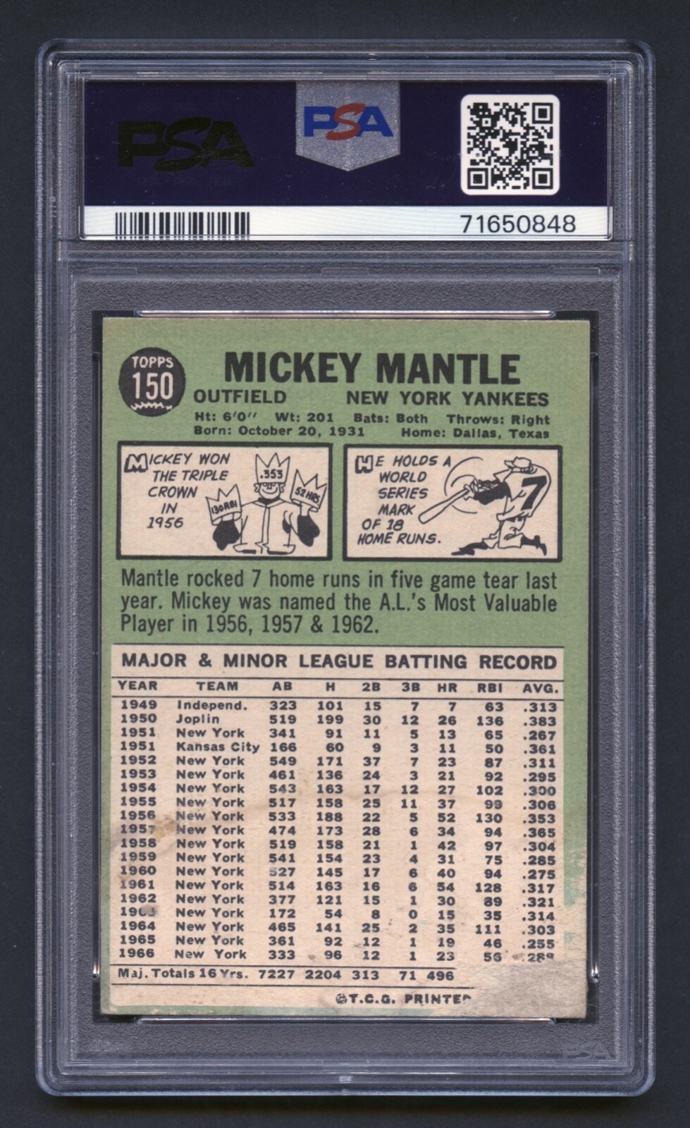 1967 MICKEY MANTLE TOPPS PSA 1 PR HOF YANKEES LOW GRADE CLASSIC BEAUTY #150 RZC view 2