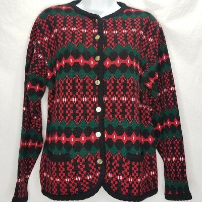 Tally Ho Sweater Cardigan Red Green Holiday Party Scalloped Trim Size Large