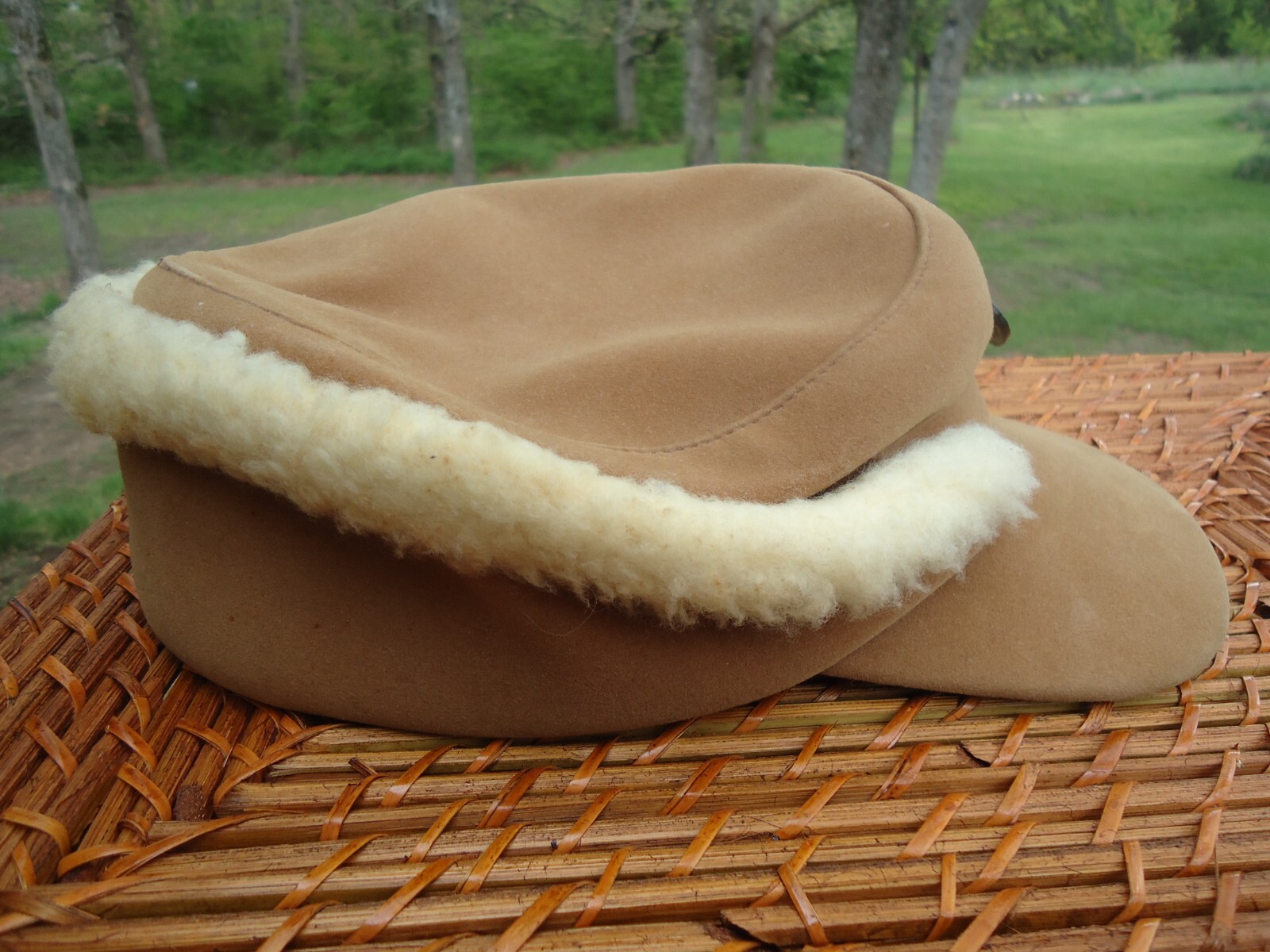 VTG Camel Suede Sheepskin Shearling Winter Cap Hat Childs(?)Size M Inner Flap