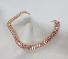 18k Yellow Gold Filled Tennis Baguette Bracelet 7.5" PINK AAA Cubic Zirconia 4mm