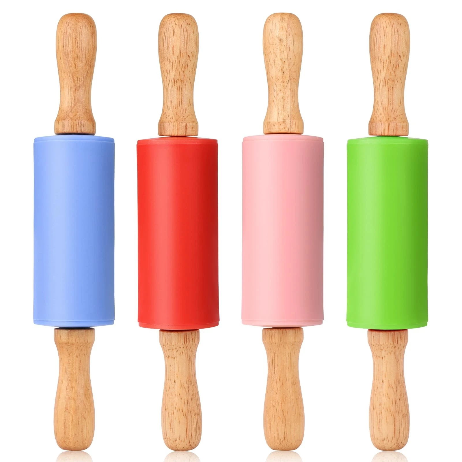 Mini Silicone Rolling Pin for Kids, Non-stick Surface Wood Handle, 9 Inch 4 Pack