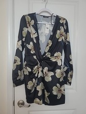 Fashion Nova Women's Dress Sz L Floral Satin Twist Front Longsleeve Mini SeePics