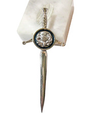 BRIGHT SHINY SILVER TONE LARGE SWORD PIN CELTIC SCOTTISH THISTLE BLUE ACRYLIC