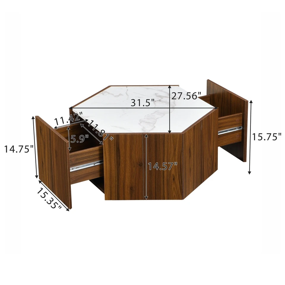 Farmhouse Hexagonal Coffee Table Center Cocktail Table w/ 2 Hidden Drawers - Image 3 of 4