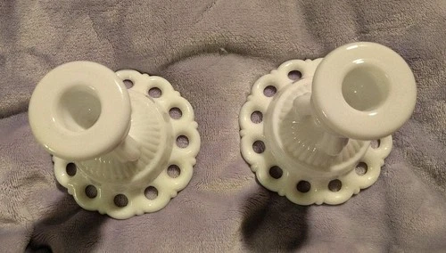 Vintage Pair ~ Westmoreland Milk Glass ~ Doric Lace ~ Candlestick Holders